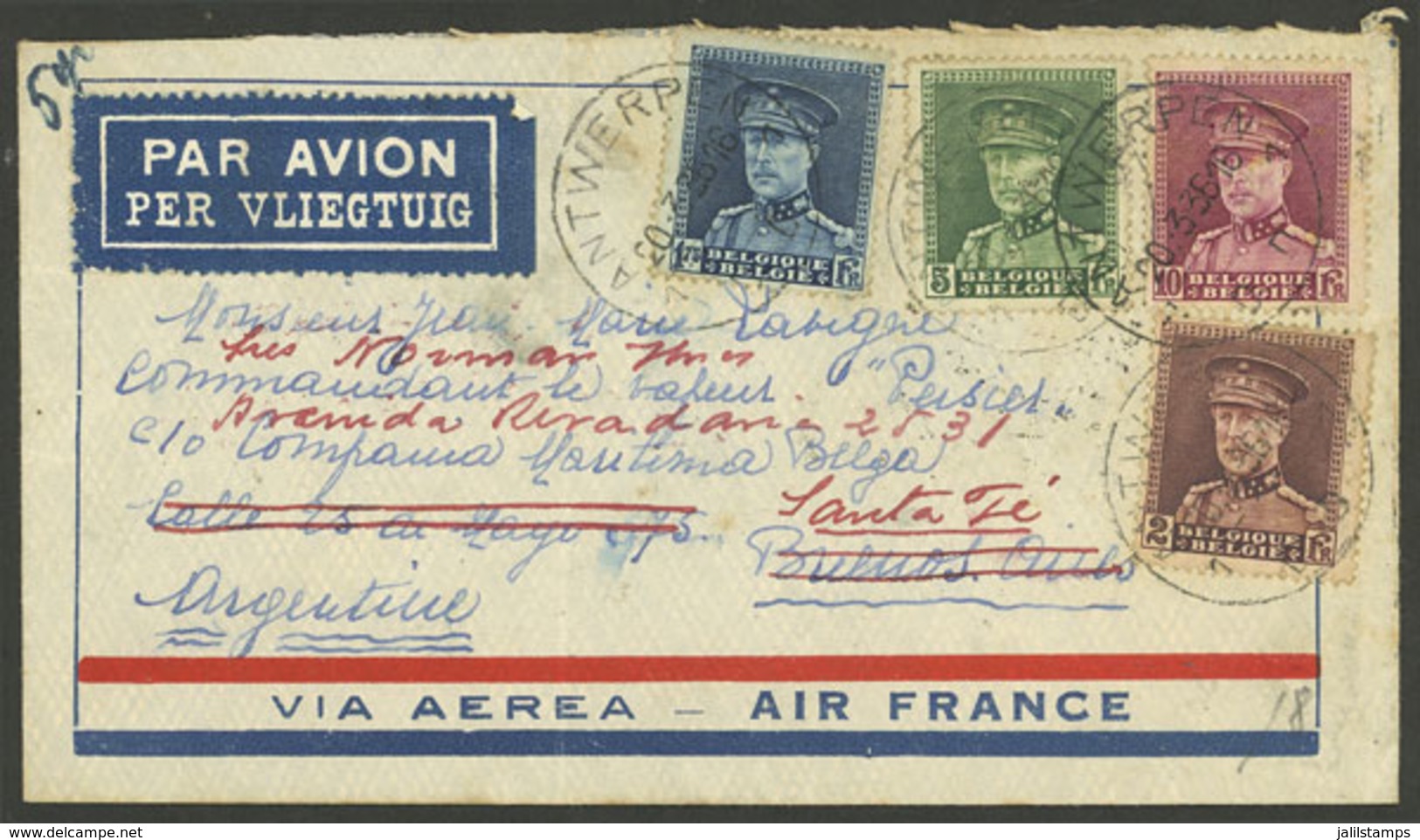 BELGIUM: 20/MAR/1936 Antwerpen - Argentina, Airmail Cover Flown By Air France, With Arrival Backstamp Of Buenos Aires 28 - Sonstige & Ohne Zuordnung