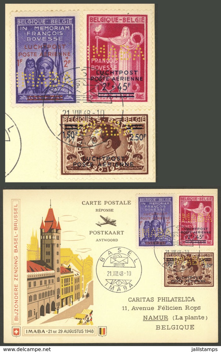 BELGIUM: 21/AU/1948 Card Flown During IMABA Exhibition In Basel (Switzerland), Franked With 3 Stamps With Overprint And  - Otros & Sin Clasificación