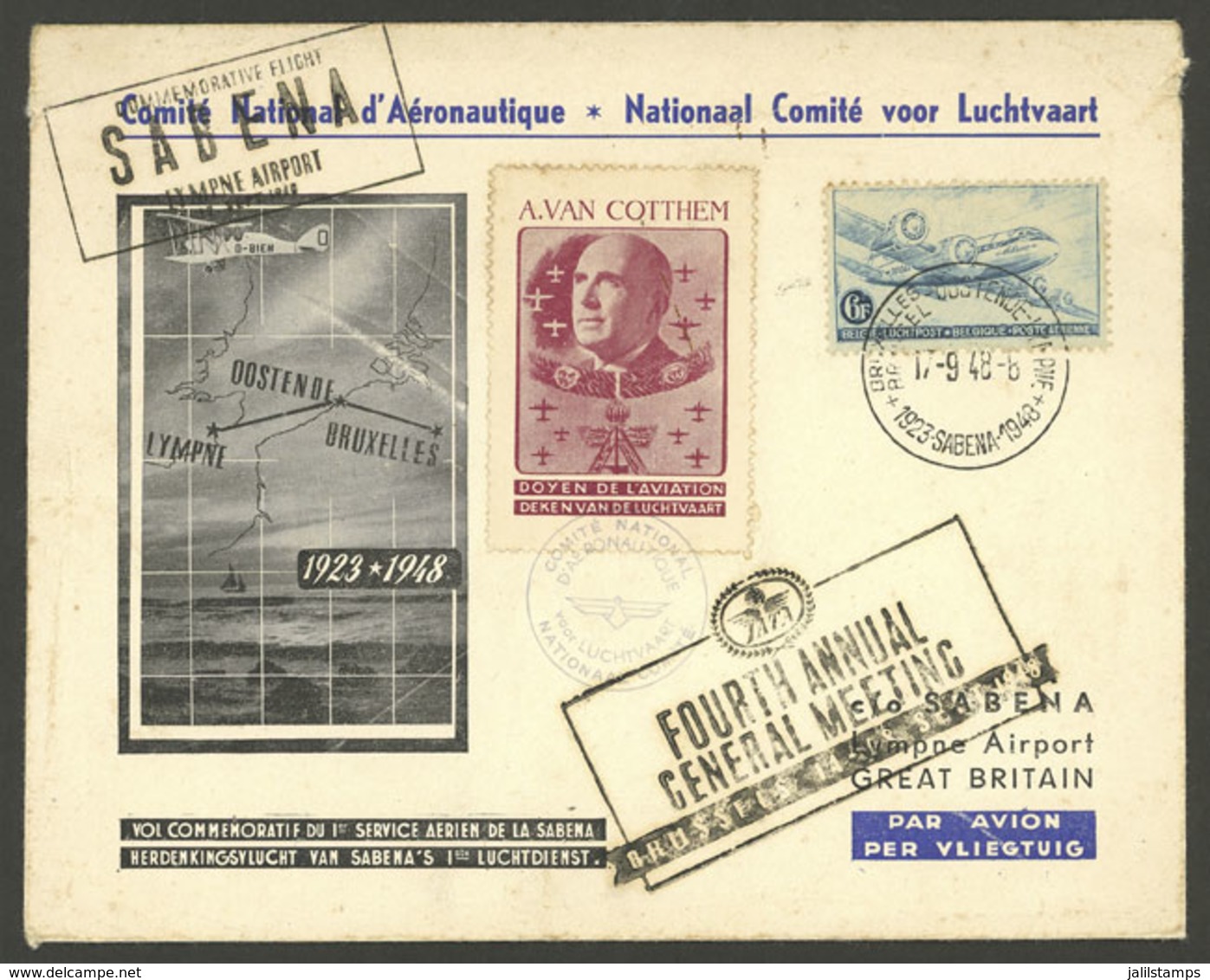 BELGIUM: 17/SE/1948 Bruxelles - Ostende - Lympne, Special Flight Commemorating The 25th Anniversary Of SABENA, Cover Wit - Otros & Sin Clasificación