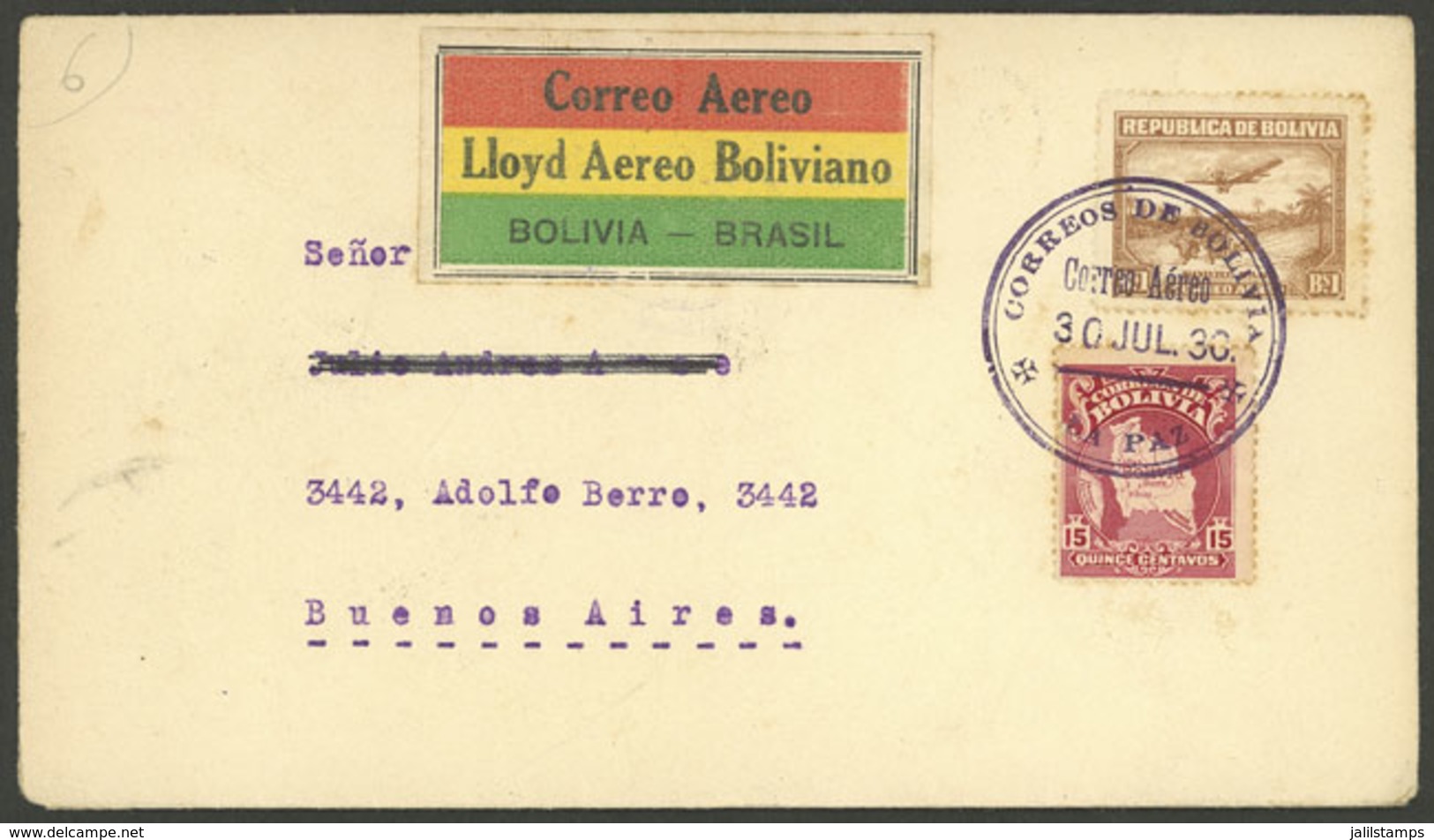 BOLIVIA: 30/AU/1930 La Paz - Buenos Aires, First Airmail Cover Of Lloyd Aéreo Boliviano, Cover With Special Label Of The - Bolivien