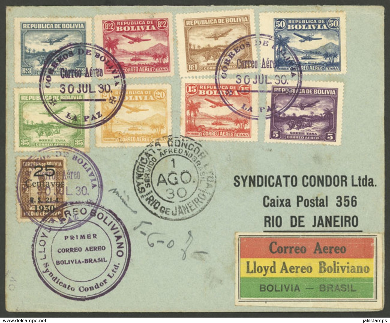 BOLIVIA: 30/AU/1930 La Paz - Rio De Janeiro, First Airmail Cover Of Lloyd Aéreo Boliviano, Cover With Special Label Of T - Bolivien