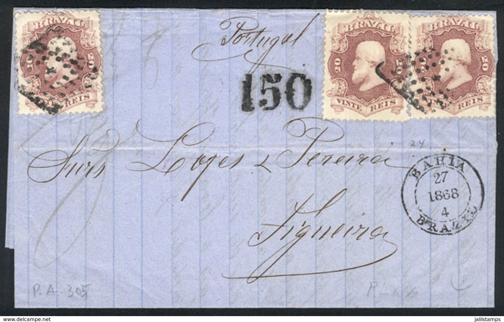 BRAZIL: 27/AP/1868: BAHIA-FIGUEIRA (Portugal), Entire Letter Franked By Sc.54 X3, VF Quality! - Sonstige & Ohne Zuordnung