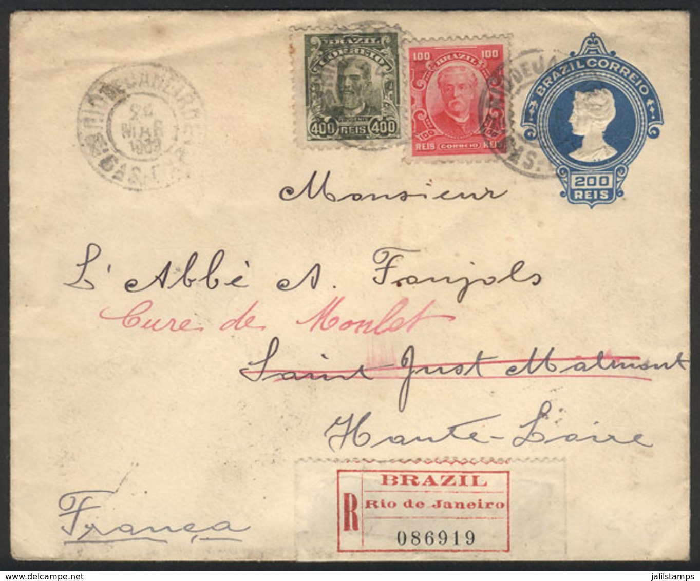BRAZIL: 200Rs. Stationery Envelope + 500Rs., Sent By Registered Mail From Rio De Janeiro To France On 24/MAR/1909, VF Qu - Sonstige & Ohne Zuordnung