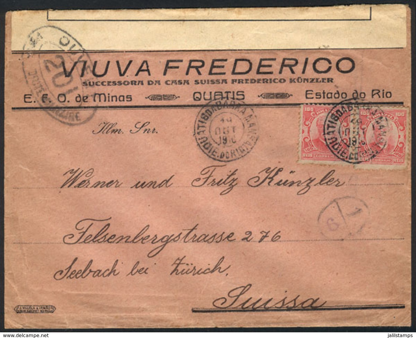 BRAZIL: Cover Sent From QUATIS To Switzerland On 19/OC/1916 Franked With 200Rs., And French Censor Mark Applied In Trans - Otros & Sin Clasificación