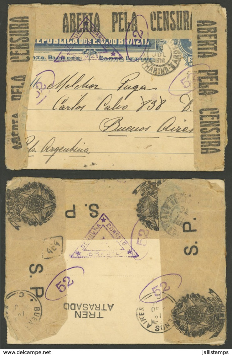 BRAZIL: 200Rs. Postal Card Sent From Itajahy To Buenos Aires On 10/JUL/1918, With Notable Censor Labels And Marks On 3 S - Otros & Sin Clasificación