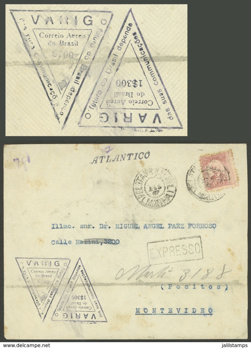 BRAZIL: RARE PROVISIONAL POSTAGE: Airmail Cover Sent From Pelotas To Uruguay On 19/SE/1927 Franked With 1,000rs. + VARIG - Other & Unclassified