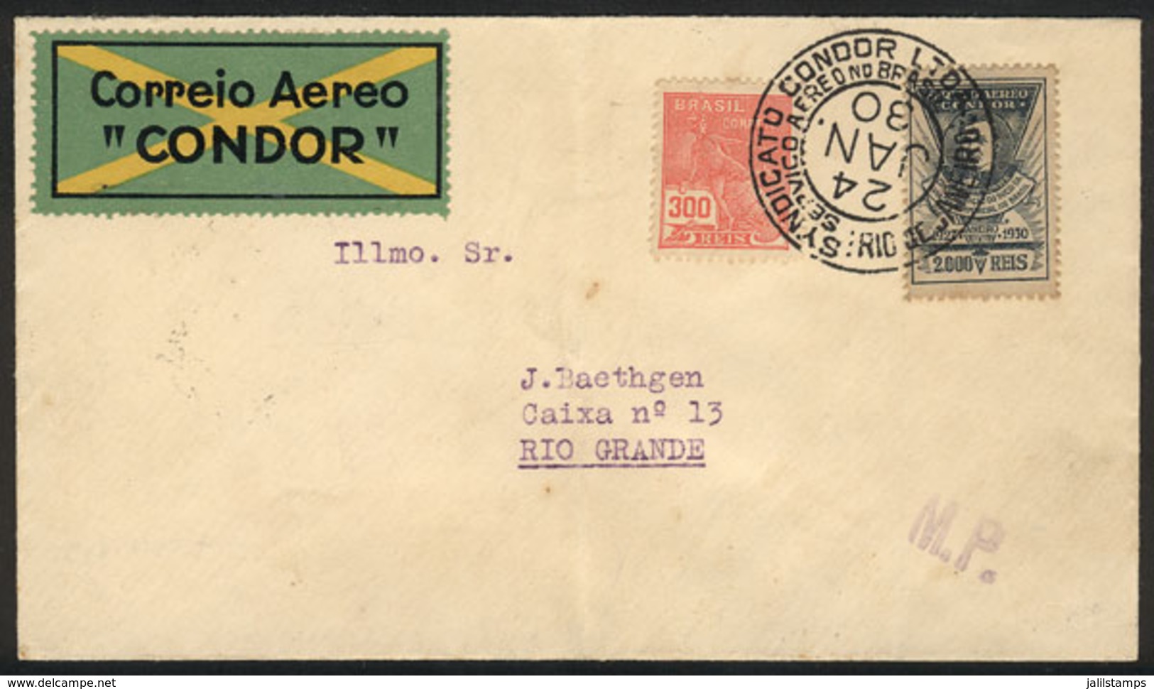 BRAZIL: Airmail Cover Sent Via CONDOR From Rio De Janeiro To Rio Grande On 24/JA/1930, Franked With 2,000Rs. Victor Kond - Sonstige & Ohne Zuordnung