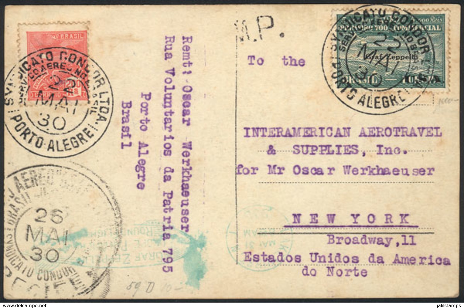 BRAZIL: Postcard Sent Via ZEPPELIN From Porto Alegre To New York On 22/MAY/1930, Franked By Sc.4CL8 + Definitive Stamp O - Otros & Sin Clasificación