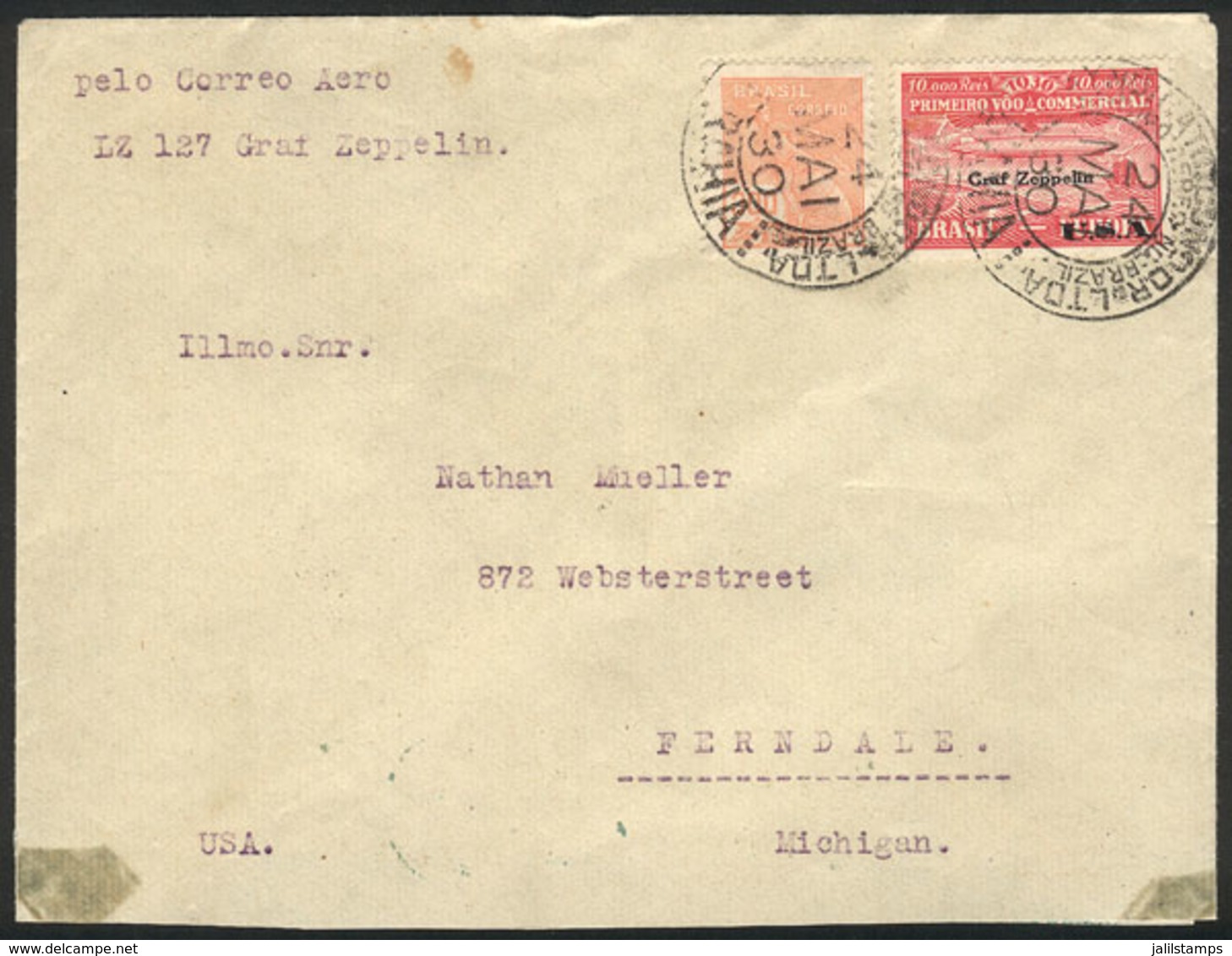 BRAZIL: Cover Flown By ZEPPELIN, Sent Fro Bahia To USA On 24/MY/1930, Franked With Sc.4CL9 + Another Value (catalog Valu - Otros & Sin Clasificación