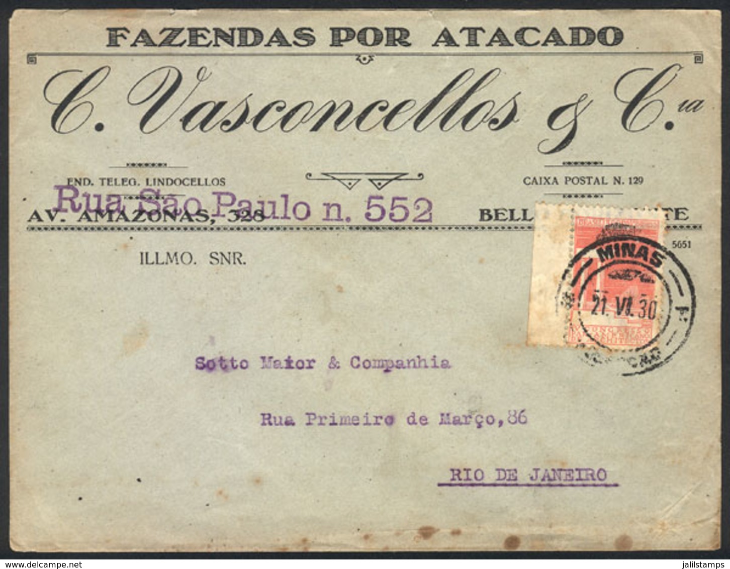 BRAZIL: Cover Franked By RHM.C-26 ALONE, Sent From Minas To Rio On 21/JUN/1930! - Sonstige & Ohne Zuordnung