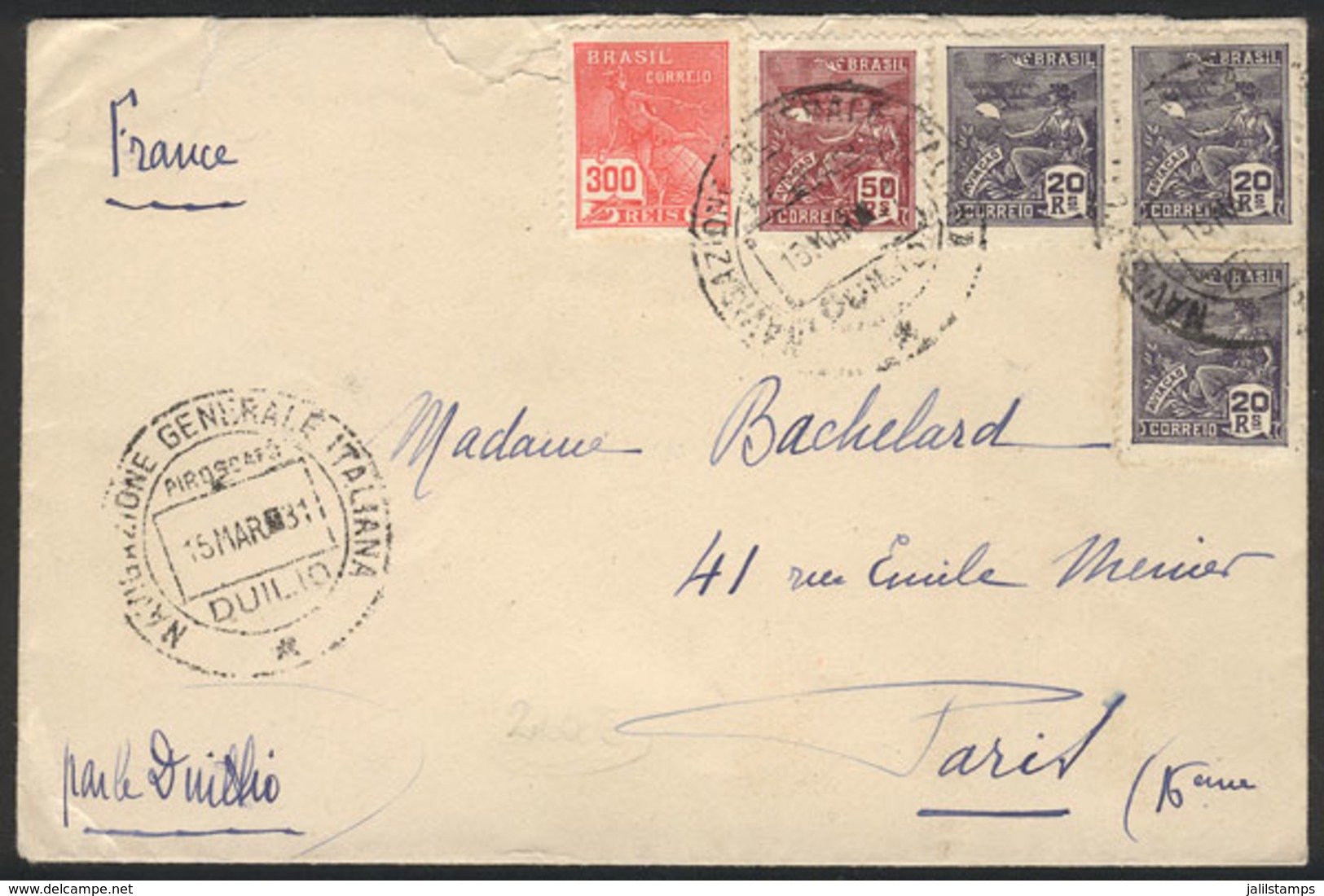 BRAZIL: Cover Sent To Paris On 15/MAR/1931 Franked With 410Rs., Dispatched From The Italian Ship DUILIO, With Postmark O - Otros & Sin Clasificación
