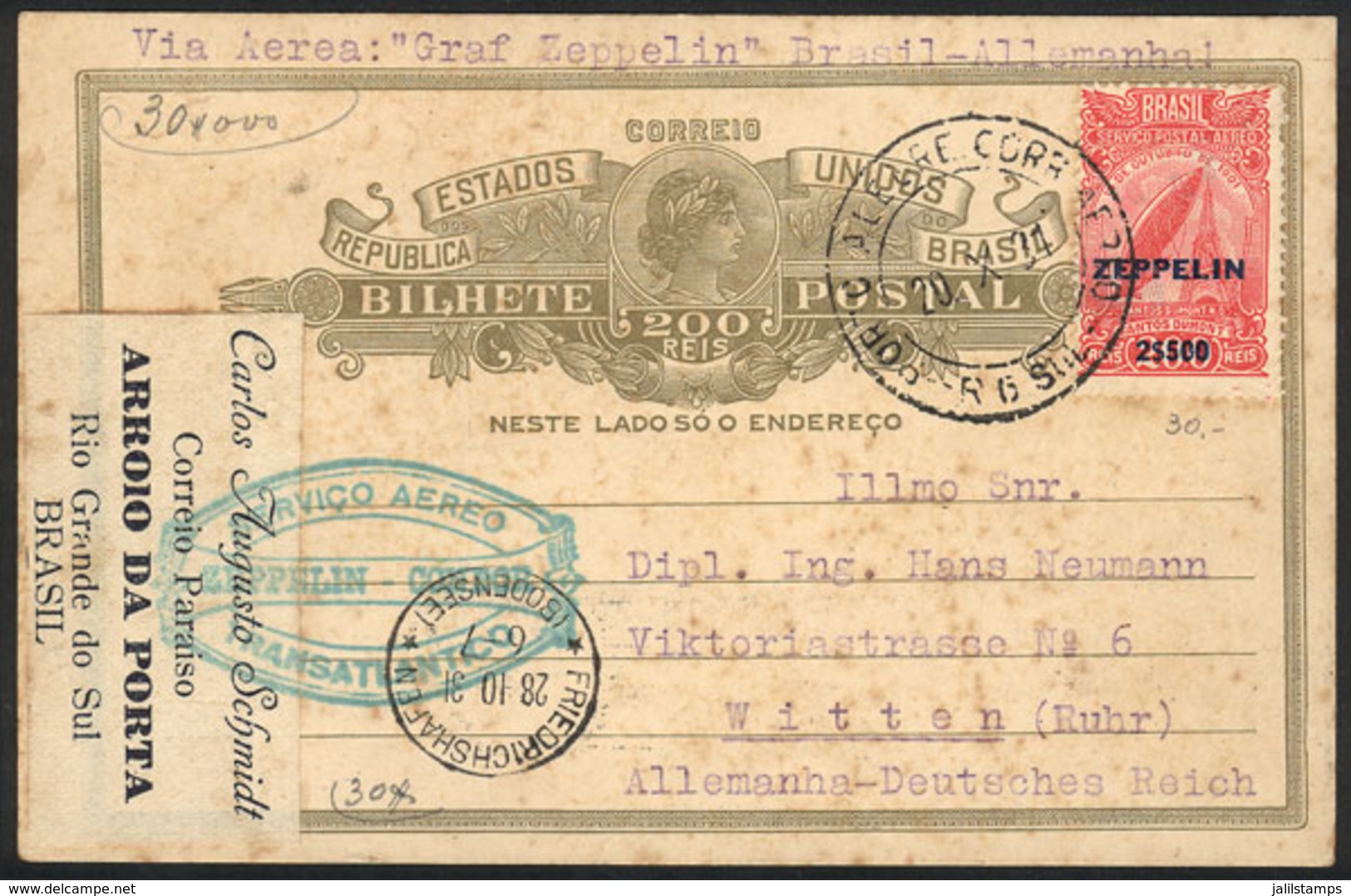 BRAZIL: Postal Card Flown By ZEPPELIN, Sent From Porto Alegre To Germany On 20/OC/1931 Franked With 2,500Rs. (+ 200Rs. O - Otros & Sin Clasificación