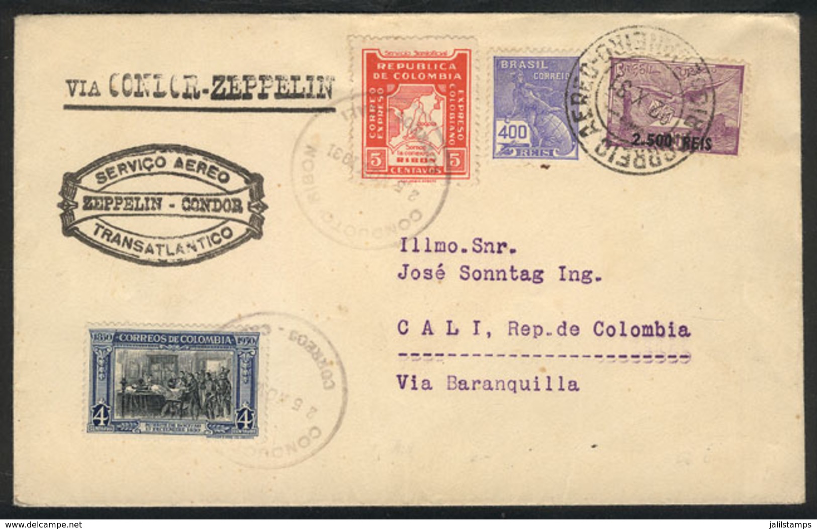 BRAZIL: ZEPPELIN: Cover From Rio To Cali, Colombia Via Fried. (Germany), 3rd Experimental Flight Of 1931, VF Quality! - Other & Unclassified