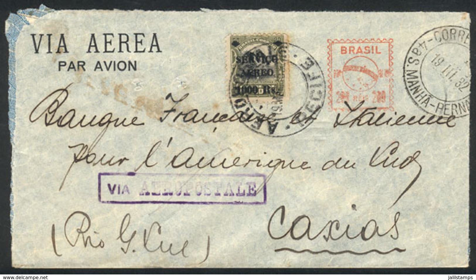 BRAZIL: Airmail Cover Sent From Pernambuco To Caxias On 19/MAR/1932, With Mixed Postage: Meter + Airmail Stamp! - Otros & Sin Clasificación