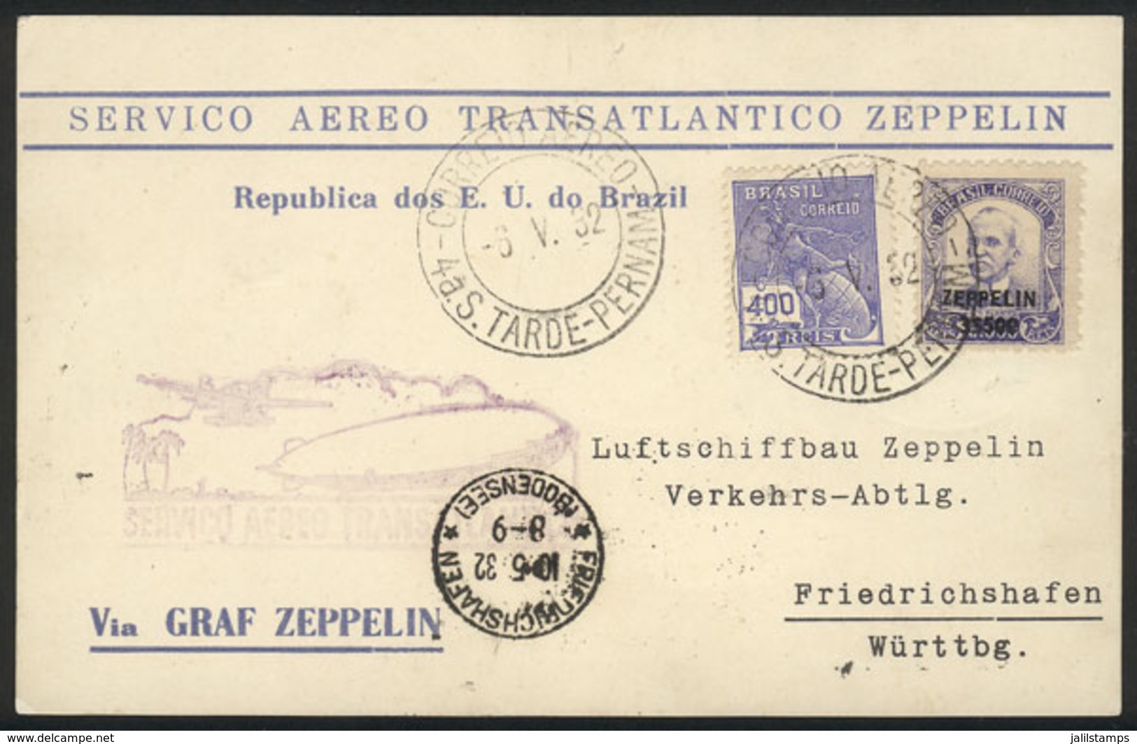 BRAZIL: Card Flown By ZEPPELIN, Sent From Pernambuco To Germany On 6/MAY/1932, VF Quality! - Otros & Sin Clasificación