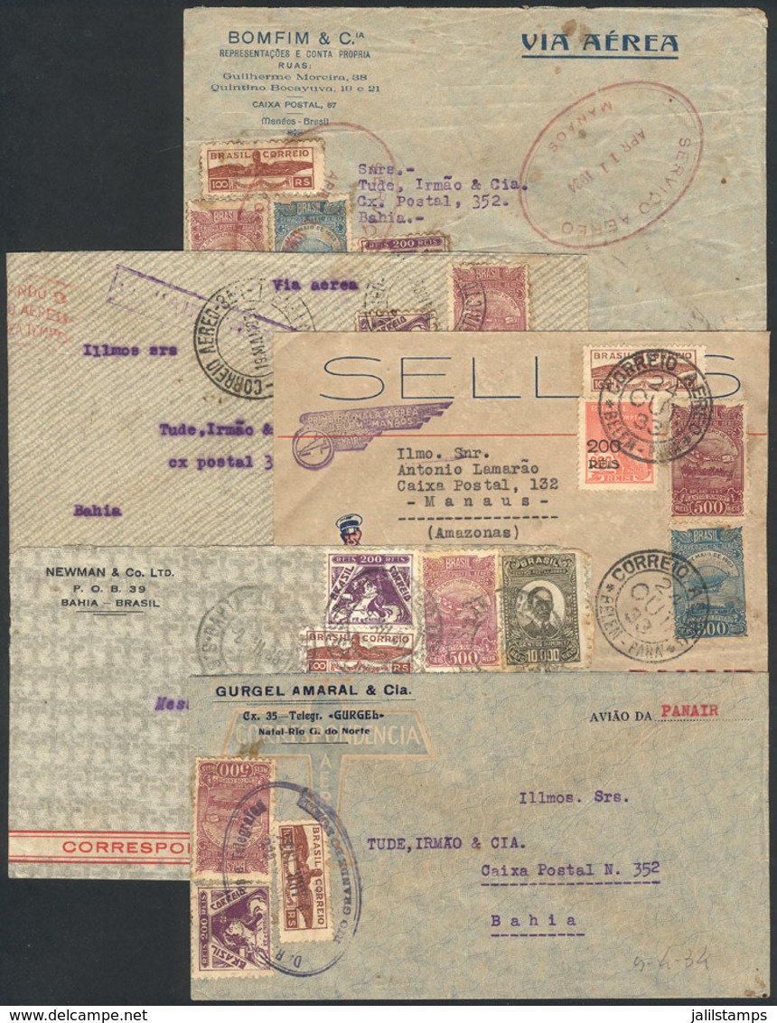 BRAZIL: 5 Covers Flown Between 1933 And 1934, Interesting Postages And Postal Marks, Low Start! - Sonstige & Ohne Zuordnung