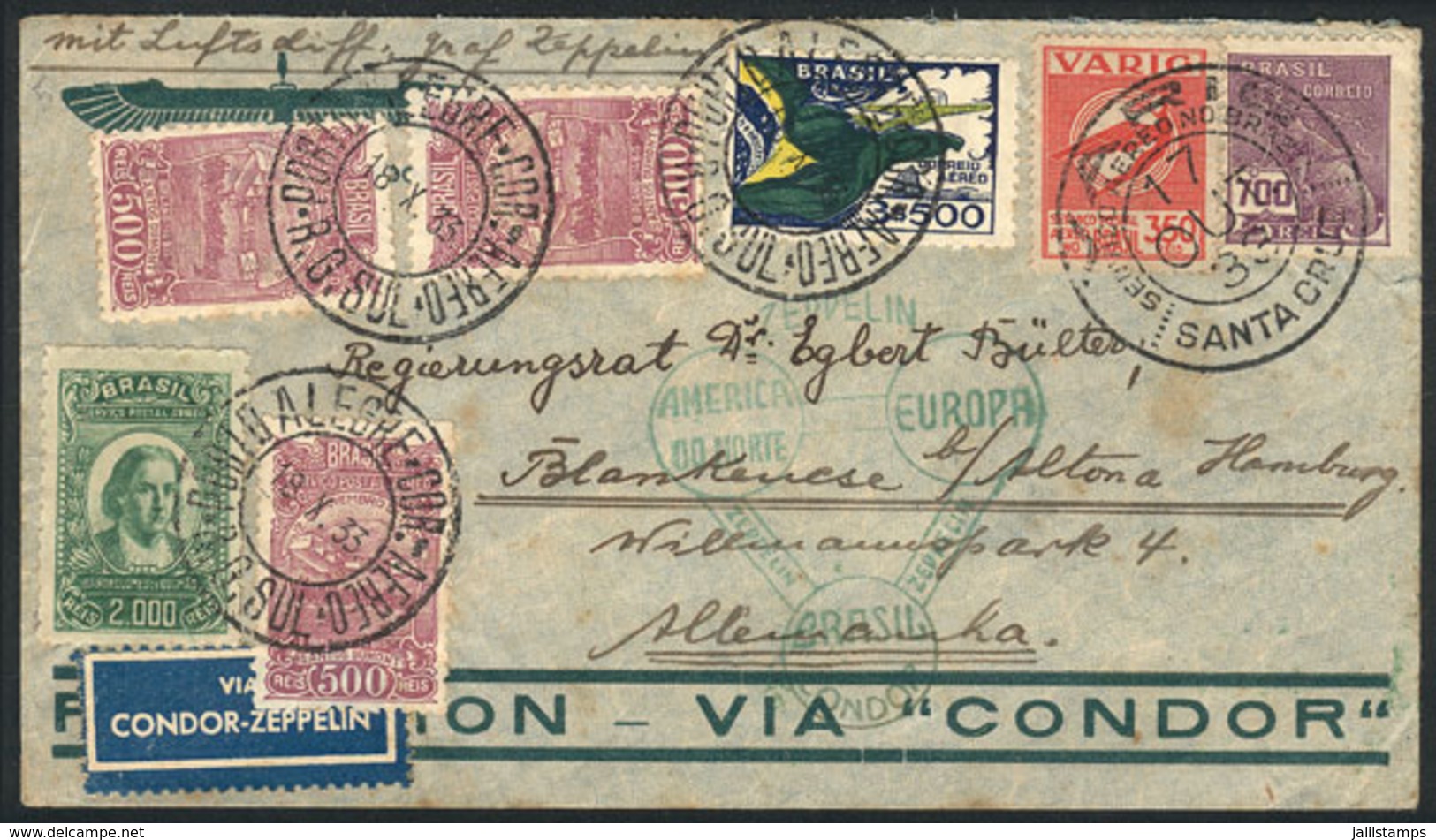 BRAZIL: VARIG - ZEPPELIN Combination: Cover Sent From Santa Cruz To Porto Alegre On 17/OC/1933 And From There To Hamburg - Sonstige & Ohne Zuordnung