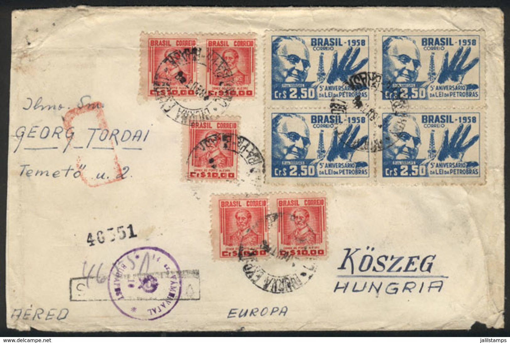 BRAZIL: Registered Cover Sent From Petropolis To Hungary On 28/OC/1958 With Interesting Postage Of 60Cr. Along Several H - Otros & Sin Clasificación