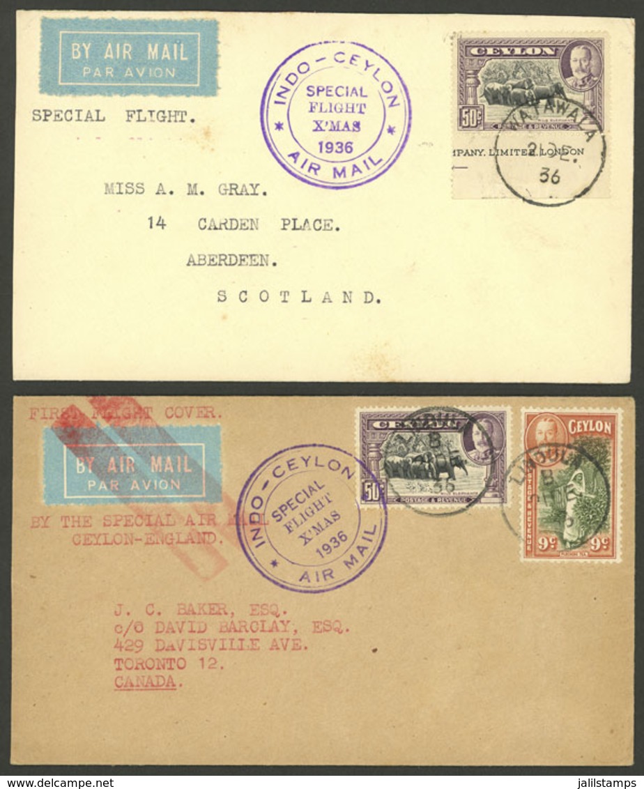 CEYLON: 21/DE/1936 Watawala-Scotland And Lindula-Canada, 2 Airmail Covers Carried On The Special Christmas Flight, Witho - Ceylon (...-1947)