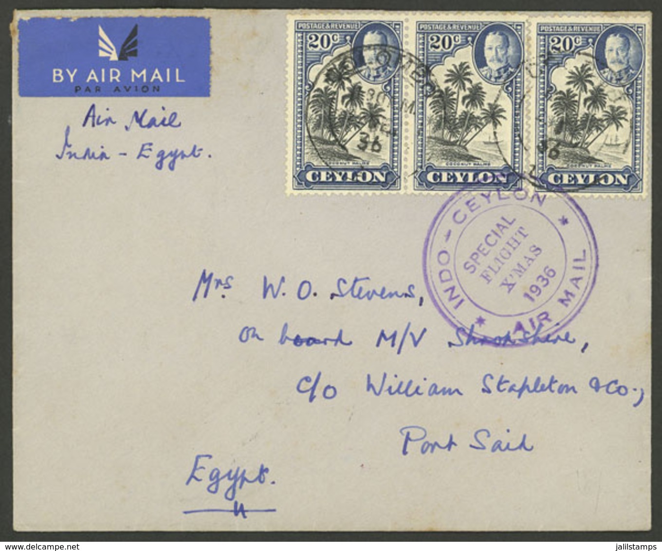 CEYLON: 22/DE/1936 Colombo - Port Said (Egypt), Special Christmas Flight, Cover With Minor Defect On Back (part Of Back  - Ceilán (...-1947)