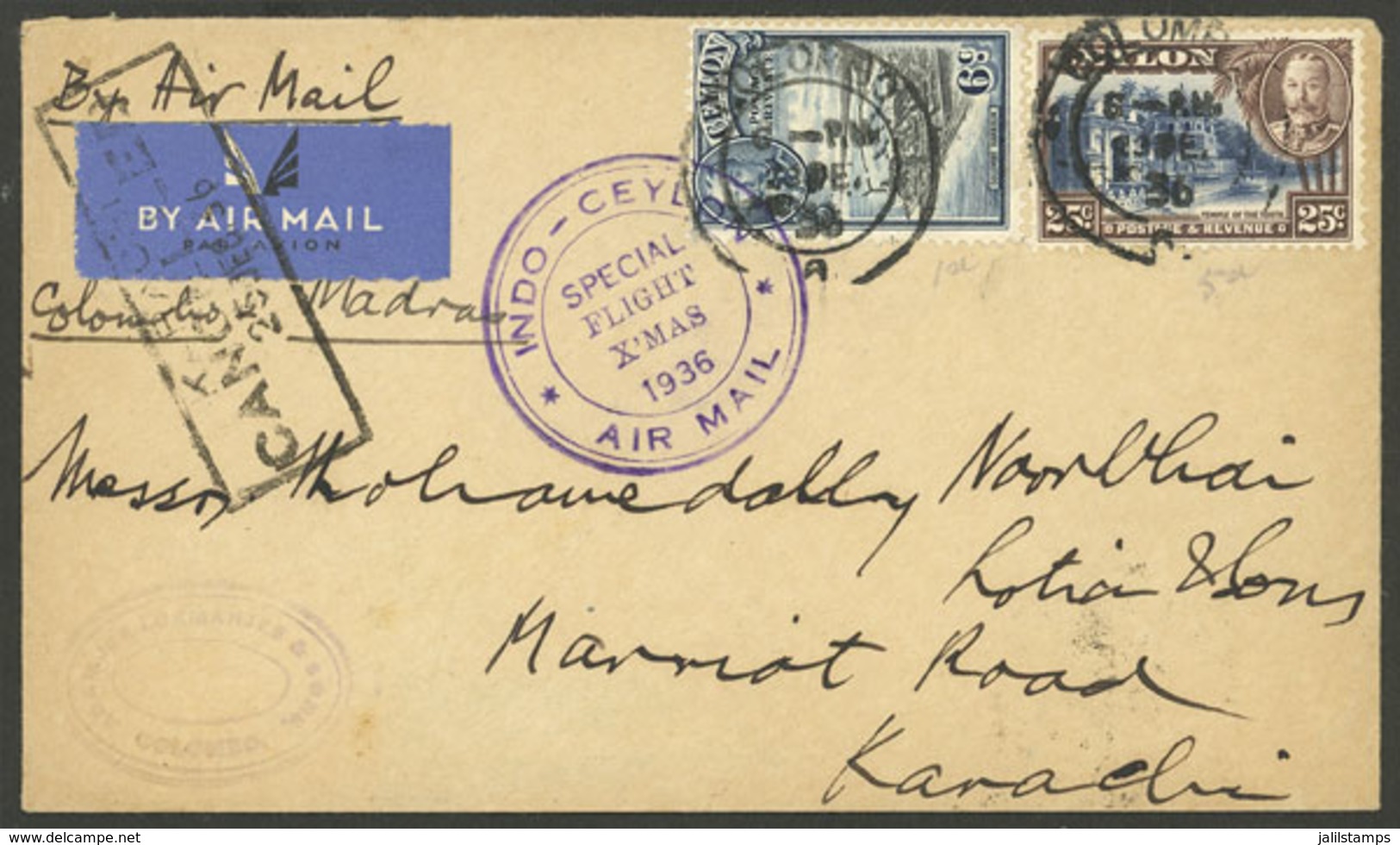 CEYLON: 23/DE/1936 Colombo - Karachi (Pakistan), Special Christmas Flight, Cover Of VF Quality With Arrival Backstamp - Ceylon (...-1947)