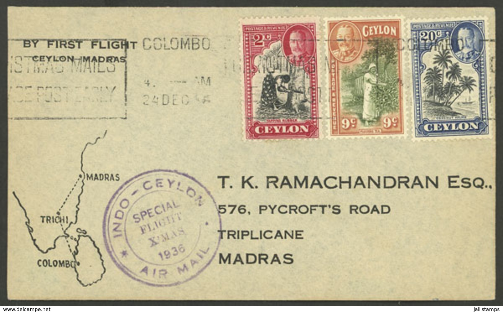 CEYLON: 24/DE/1936 Colombo - Madras (India), Special Christmas Flight, Cover Of VF Quality With Arrival Backstamp - Ceylon (...-1947)