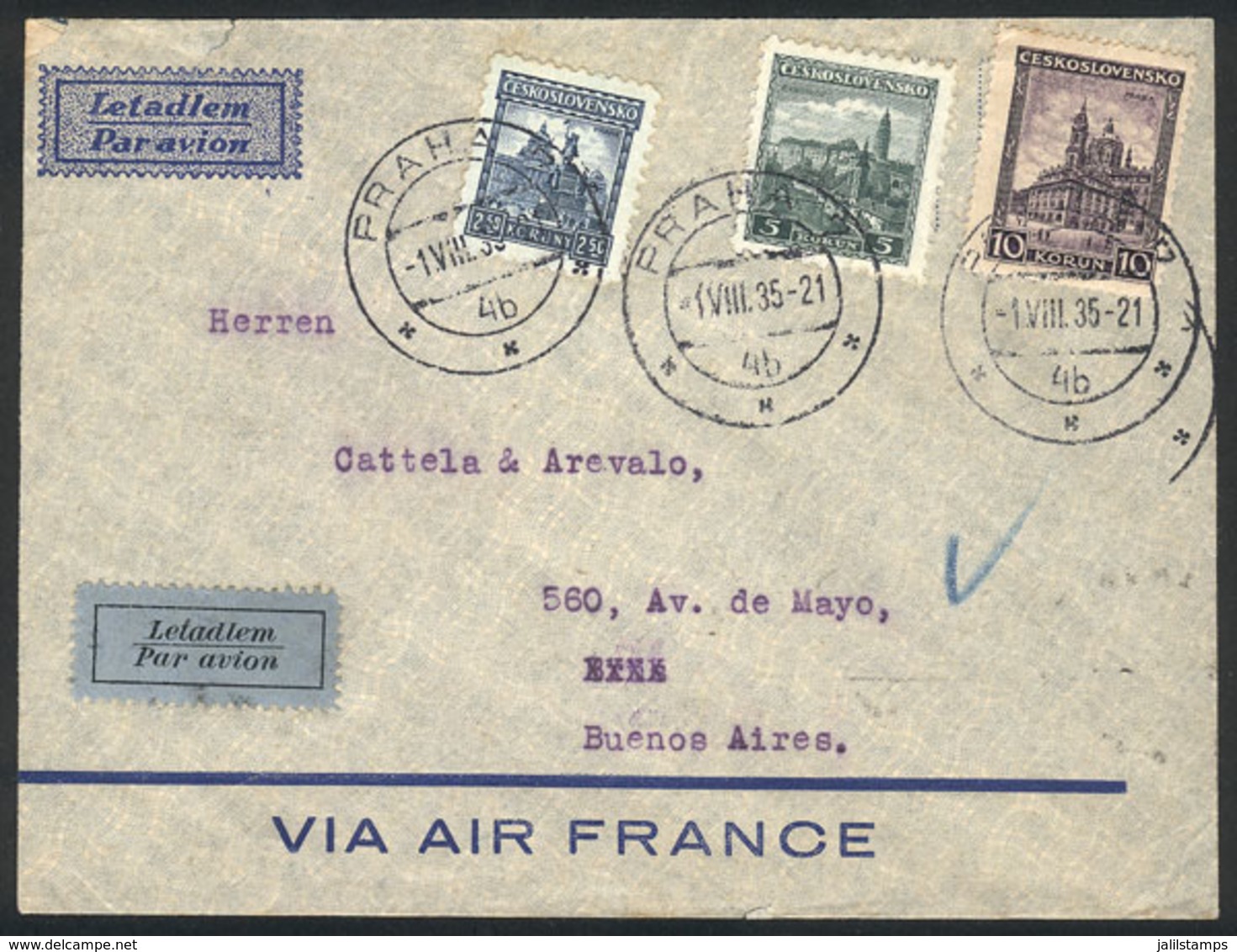 CZECHOSLOVAKIA: 1/AU/1935 Praha - Argentina, Airmail Cover Sent By Air France Franked With 17.50Kc., With Buenos Aires B - Otros & Sin Clasificación