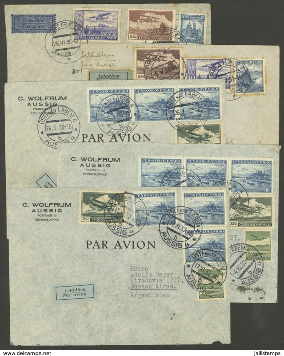 CZECHOSLOVAKIA: 1936/38 5 Airmail Covers Sent To Argentina By Air France, Almost All With Paris Transit Backstamps, Very - Sonstige & Ohne Zuordnung