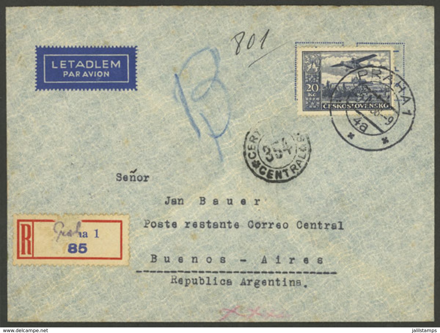 CZECHOSLOVAKIA: 3/SE/1936 Praha - Argentina By Air France, Registered Airmail Cover Franked With 20Kc. (Sc.C17 ALONE), W - Otros & Sin Clasificación