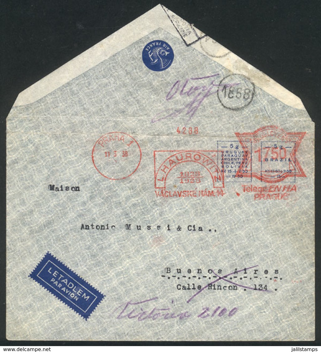 CZECHOSLOVAKIA: 11/MAR/1938 Praha - Argentina, Airmail Cover Sent By Air France With Nice Meter Postage, On Back Buenos  - Otros & Sin Clasificación