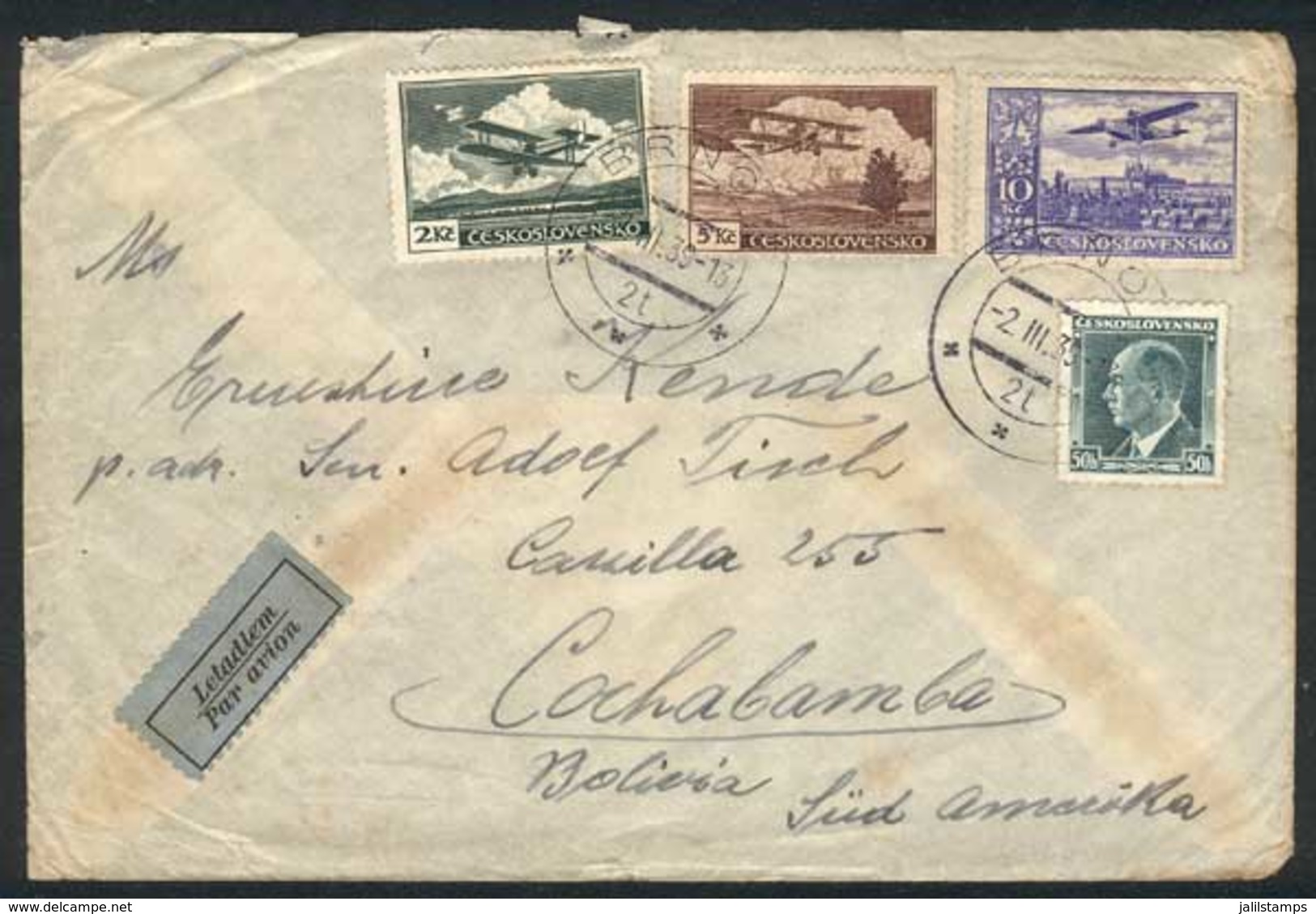 CZECHOSLOVAKIA: 2/MAR/1939 Brno - Bolivia: Air Mail Cover Franked With 17.50K (including Sc.C16a, 10K Ultramarine), Very - Otros & Sin Clasificación