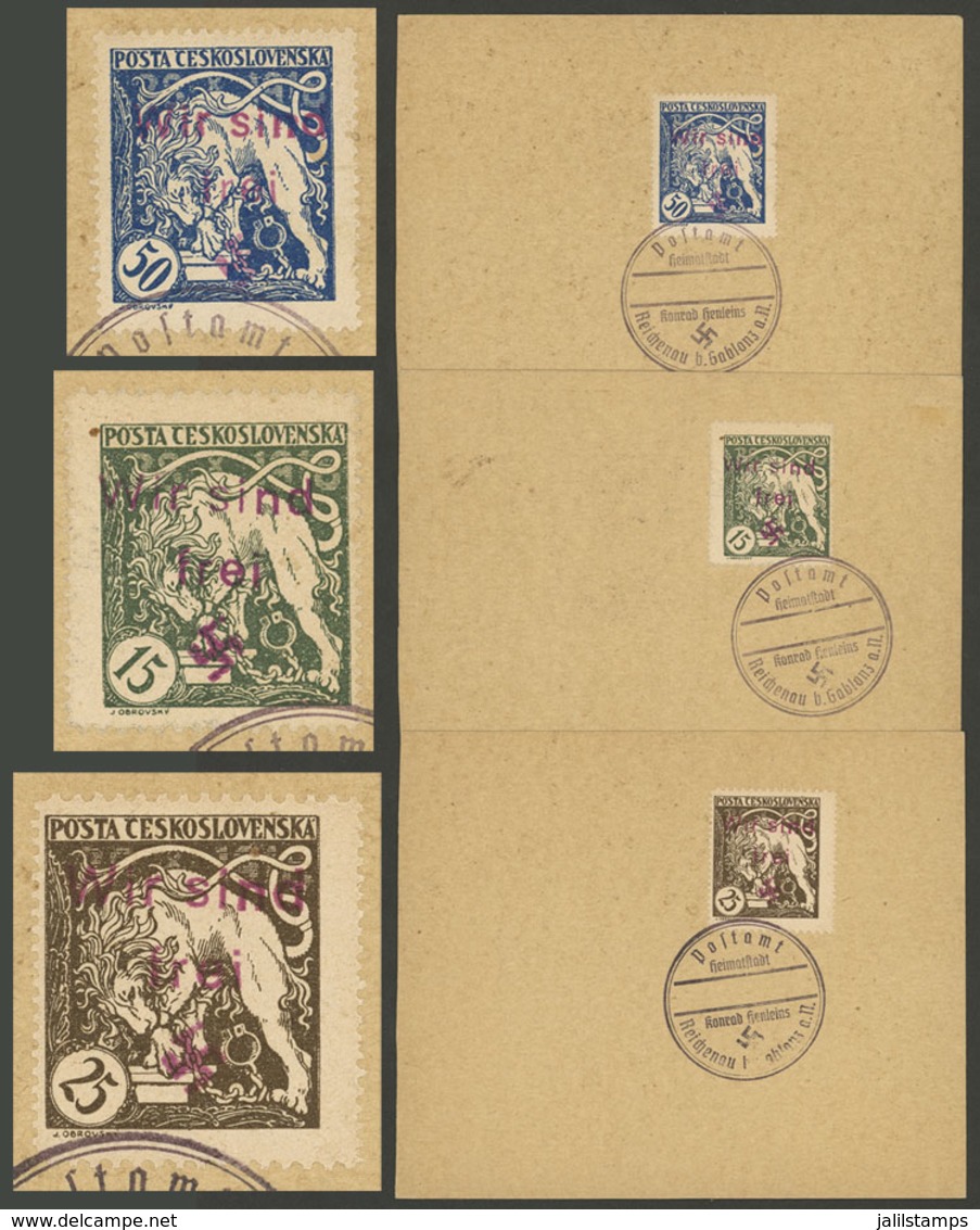 CZECHOSLOVAKIA: 3 Cards, Each One With Czechoslovakian Stamp With Nazi Overprint "Wir Sind Frei" (and Swastika), Also Wi - Sonstige & Ohne Zuordnung