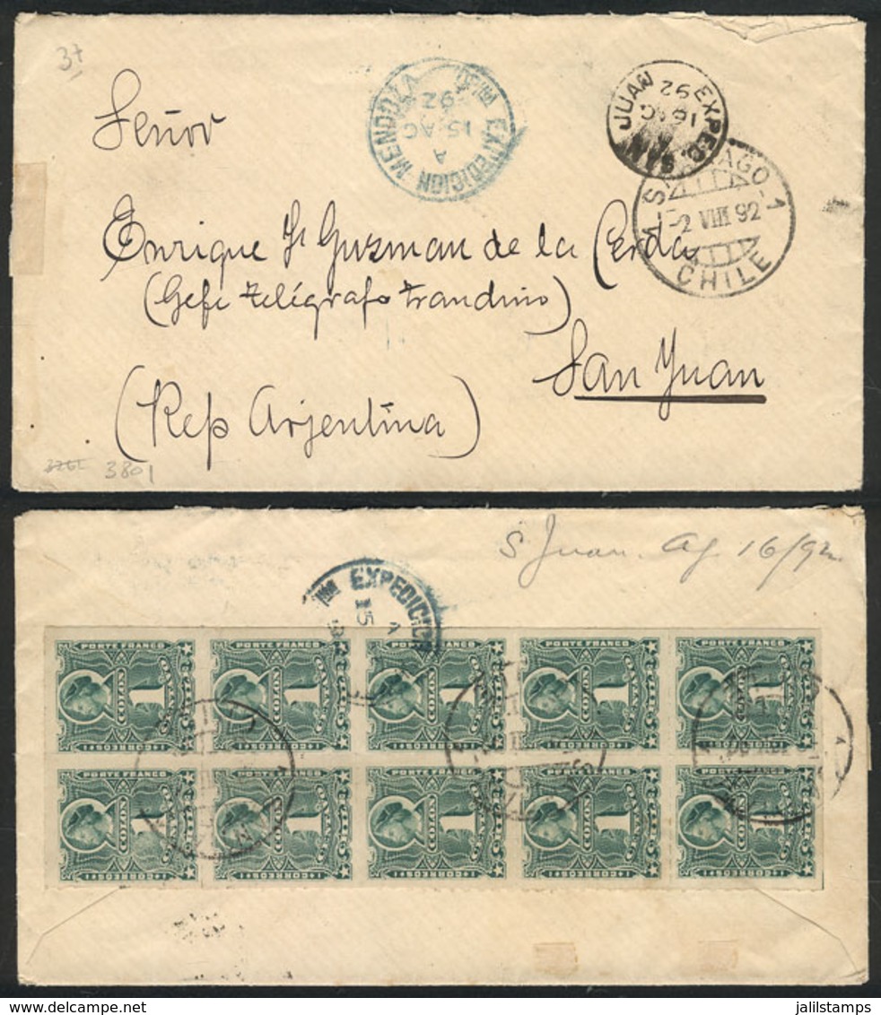 CHILE: 2/AU/1892 Santiago - San Juan (Argentina), Cover Franked On Back With Block Of 10 Stamps Columbus 1c. Green (2nd  - Chile