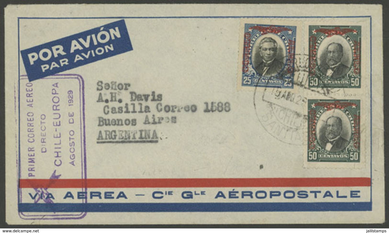 CHILE: 15/AU/1929 Santiago - Buenos Aires, First Flight Of C.G.Aeropostale Chile-Europe, Cover Of The Buenos Aires Leg,  - Chile