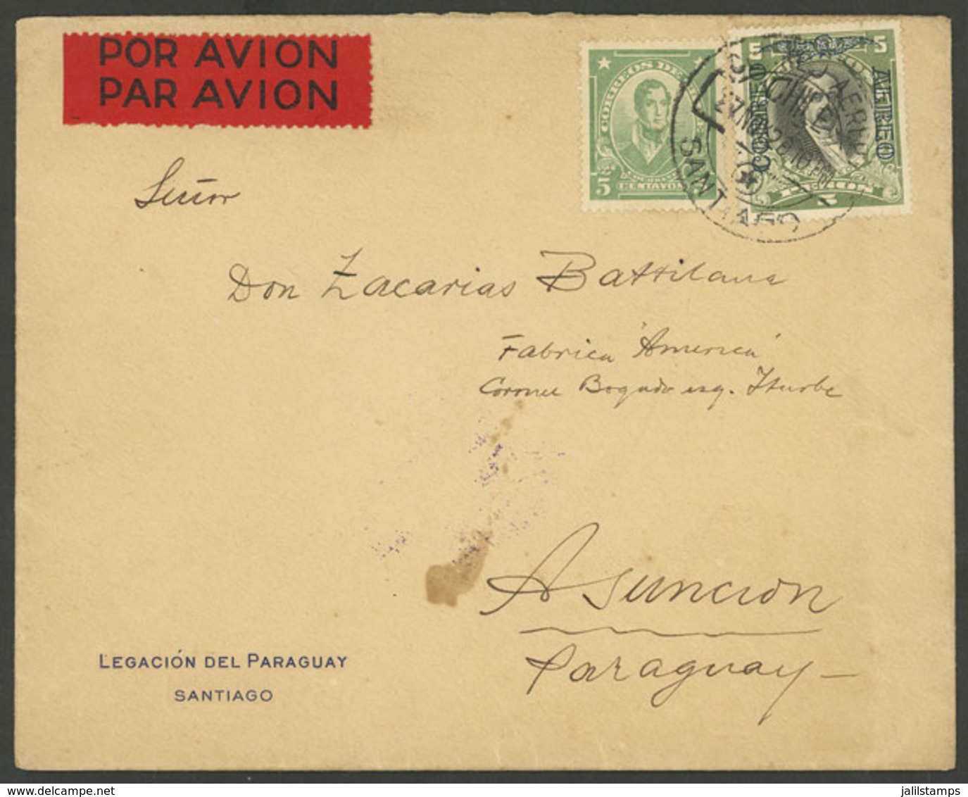 CHILE: 27/NO/1929 Santiago - Paraguay, Airmail Cover Franked With 5.05P., Unusual Destination, VF Quality! - Chile