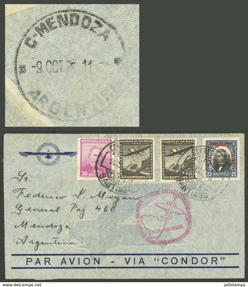 CHILE: 9/OC/1935 Santiago - Mendoza, Airmail Cover With Special Rose Mark "Primer Vuelo Chile - Europa - VIA CONDOR", RA - Chile