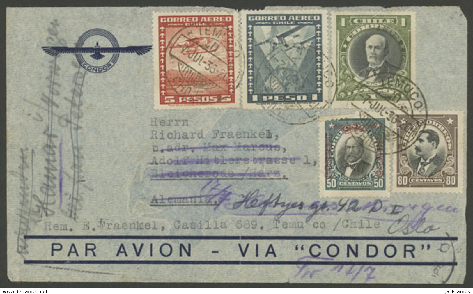 CHILE: 7/JUL/1936 Temuco - Germany - Norway, Airmail Cover Sent "via Condor", With Arrival Backstamps (back Flap Missing - Chile