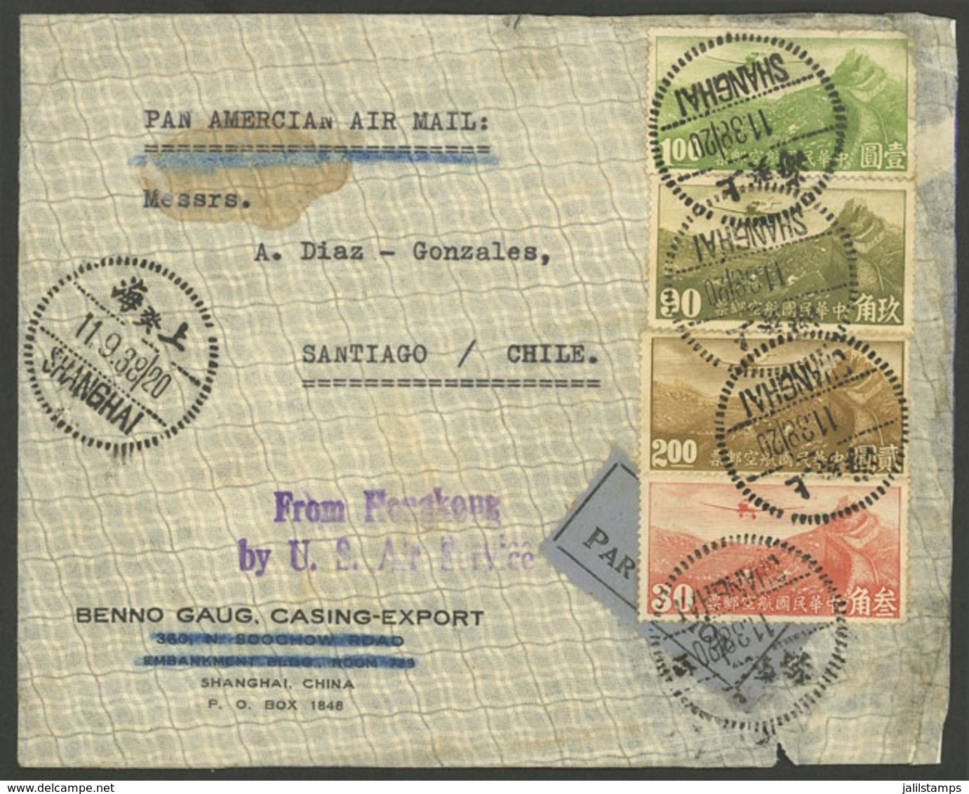 CHINA: 11/SE/1938 Shanghai - Chile, Airmail Cover With Good $4.20 Postage, And Attractive Violet "From Hongkong - By U.S - Other & Unclassified