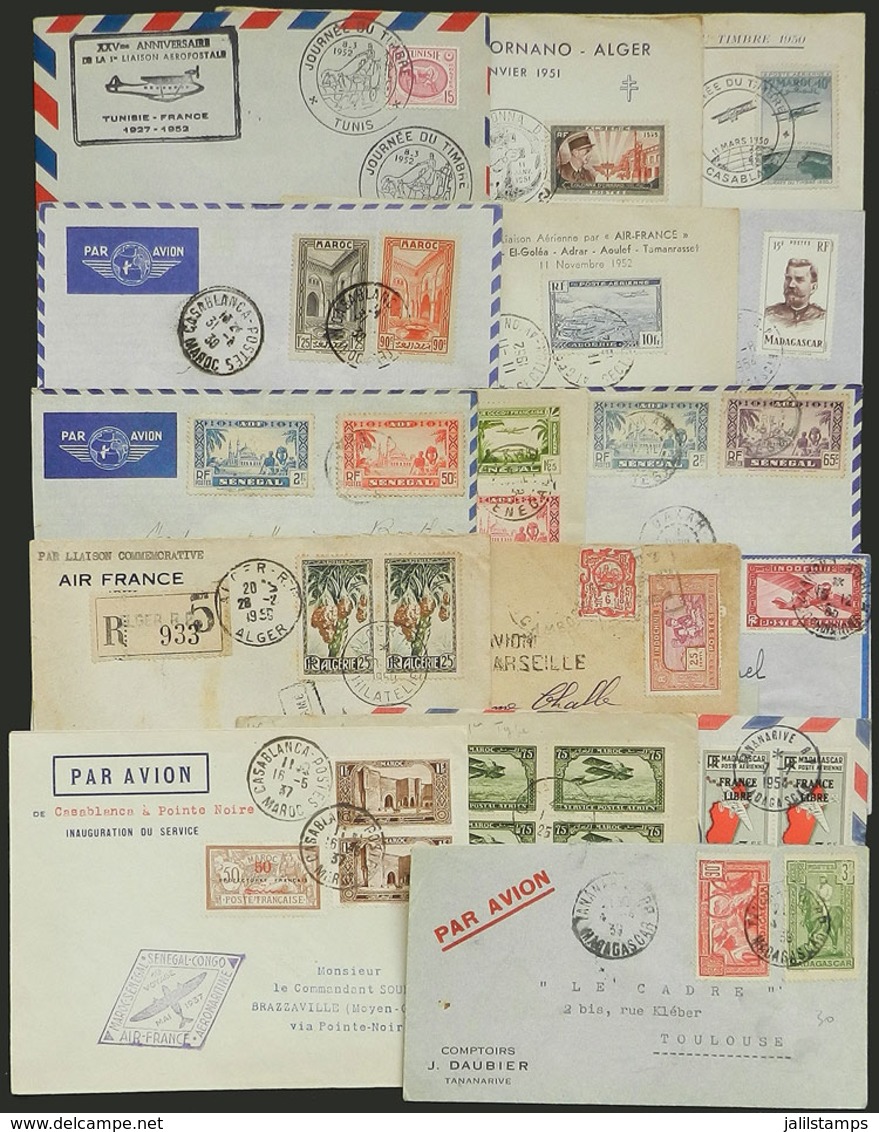 FRENCH COLONIES: 16 Airmail Covers Of Years 1925 To 1956, Almost All Are FIRST FLIGHTS, One With Defects, Most Of Very F - Otros & Sin Clasificación