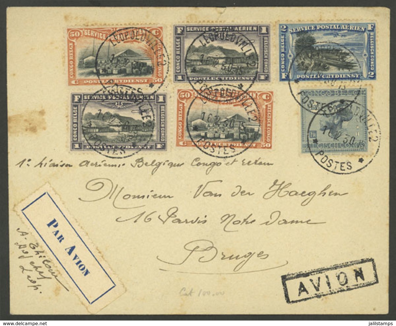 BELGIAN CONGO: 16/DE/1930 Leopoldville - Bruxelles, First Airmail, Cover With Attractive Postage And Arrival Backstamp,  - Otros & Sin Clasificación