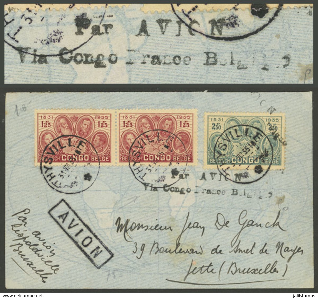 BELGIAN CONGO: 31/AU/1935 THYSVILLE - Belgium, Airmail Cover Franked With 5Fr. And 2-line Black Mark "Par AVION - Via Co - Otros & Sin Clasificación