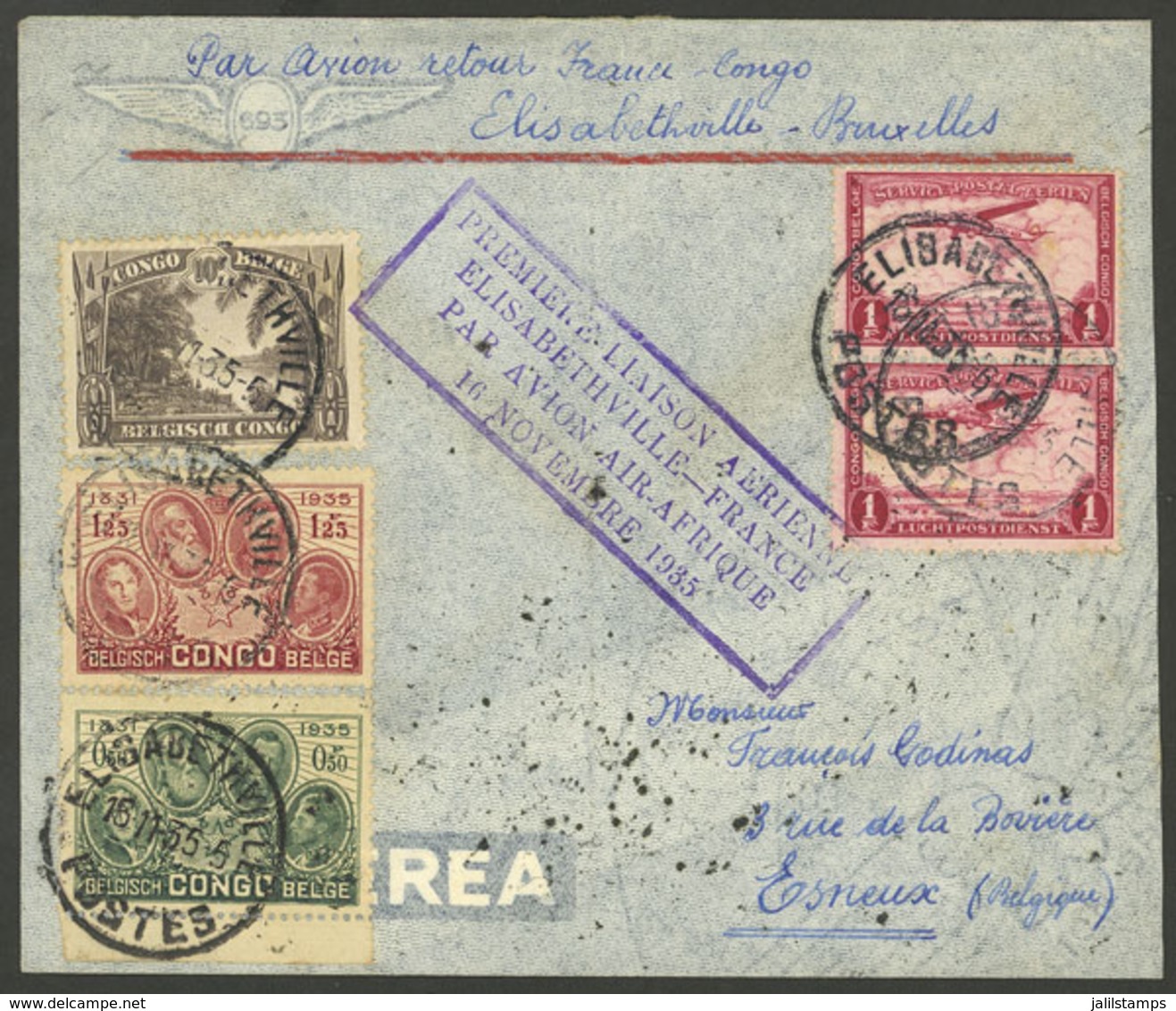 BELGIAN CONGO: 16/NO/1935 Elisabethville - France, First Flight Of Air Africa, Cover With Special Handstamp And Good Pos - Sonstige & Ohne Zuordnung