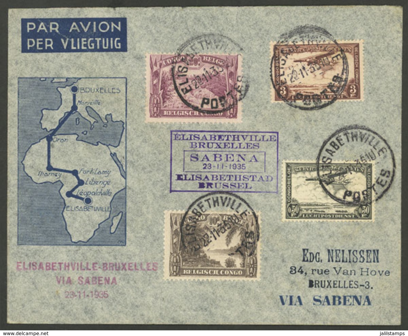BELGIAN CONGO: 23/NO/1935 Elisabethville - Brussels, SABENA First Flight, Cover With Special Cachet And Nice Franking, V - Otros & Sin Clasificación