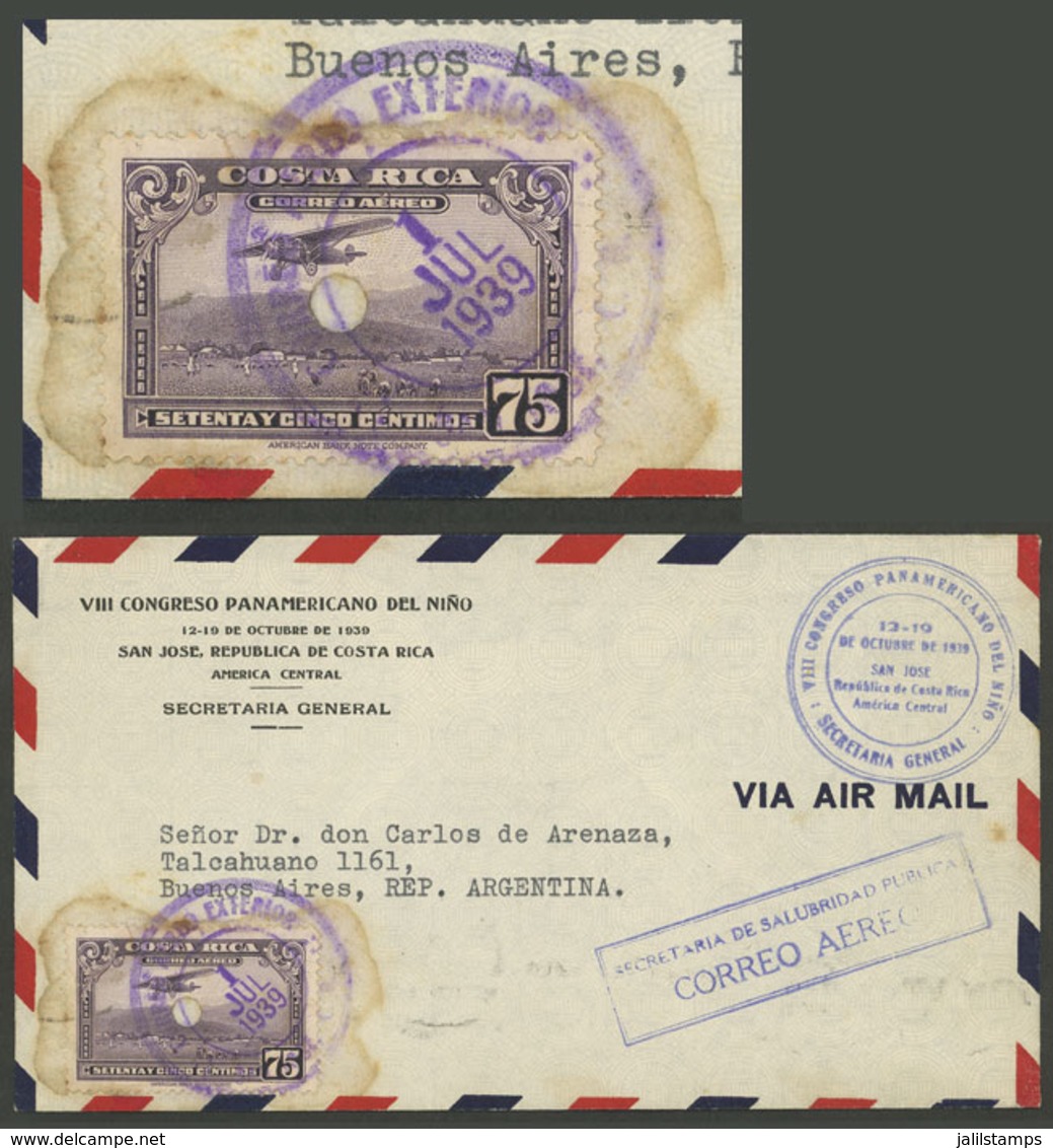 COSTA RICA: 1/JUL/1939 San José - Argentina, Official Airmail Cover Franked With An Airmail Stamp Of 75c. With Punch Can - Costa Rica