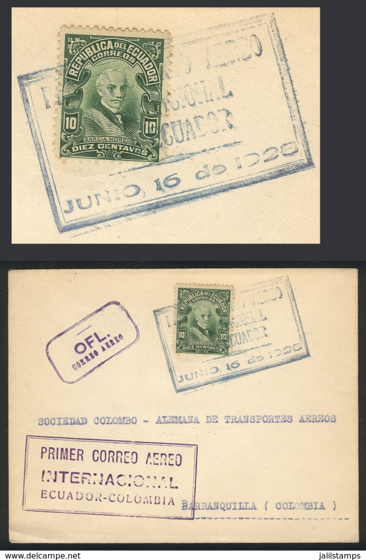 ECUADOR: 16/JUN/1928 First International Airmail Ecuador - Colombia, With Barranquilla Arrival Backstamp, Excellent Qual - Ecuador