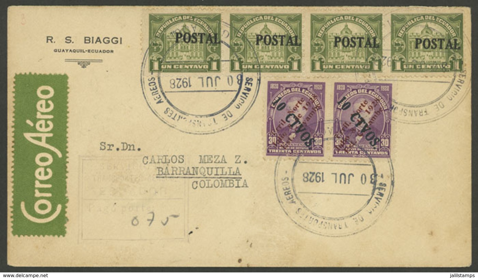 ECUADOR: 30/JUL/1928 Guayaquil - Barranquilla, S.C.A.D.T.A. First Official Flight, Cover With Arrival Backstamp, VF! - Ecuador