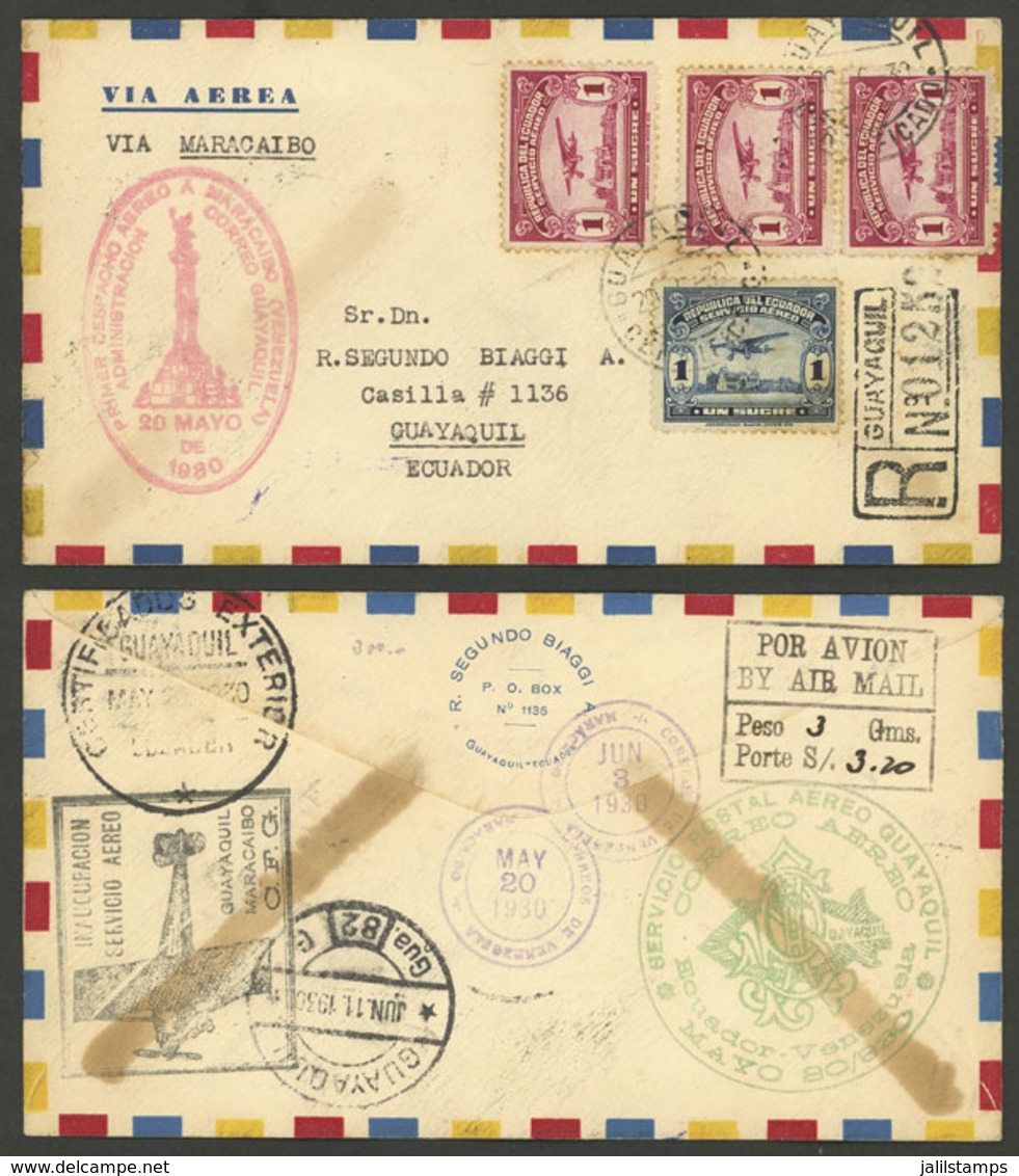 ECUADOR: 20/MAY/1930 Guayaquil - Maracaibo - Guayaquil, First Airmail, Registered Cover With A Number Of Marks On Front  - Ecuador