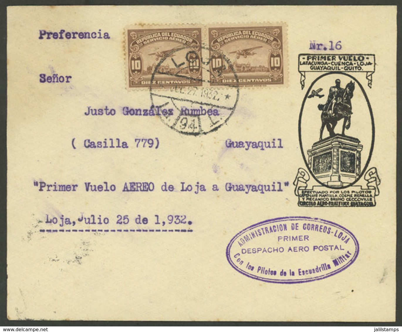 ECUADOR: 30/JUL/1932 Loja - Guayaquil, First Military Airmail, Cover Of VF Quality With Arrival Backstamp! - Ecuador