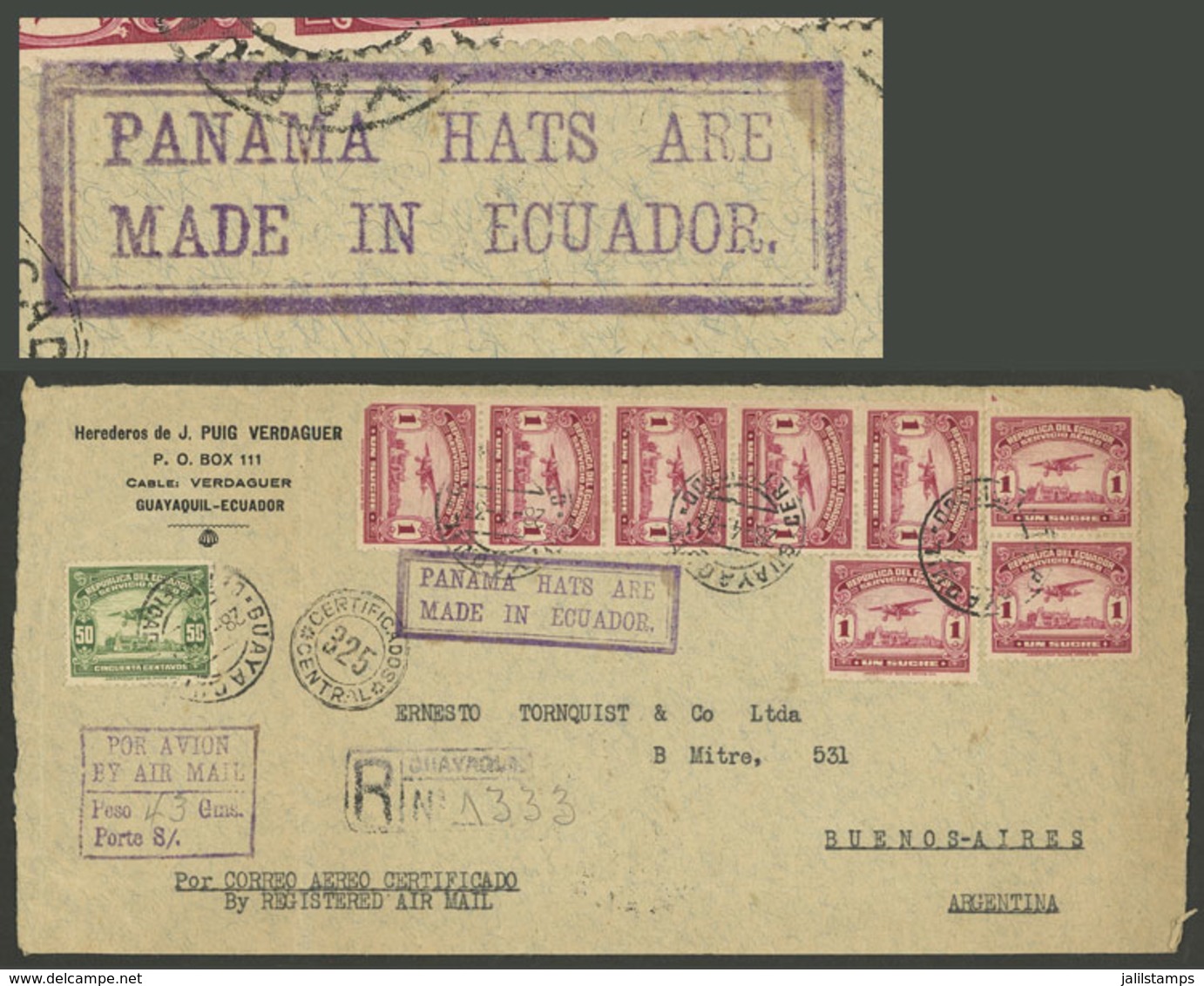 ECUADOR: 28/AP/1933 Guayaquil - Argentina, Registered Airmail Cover With Attractive Franking Of 8.50S. (it Weighed 43 Gr - Ecuador