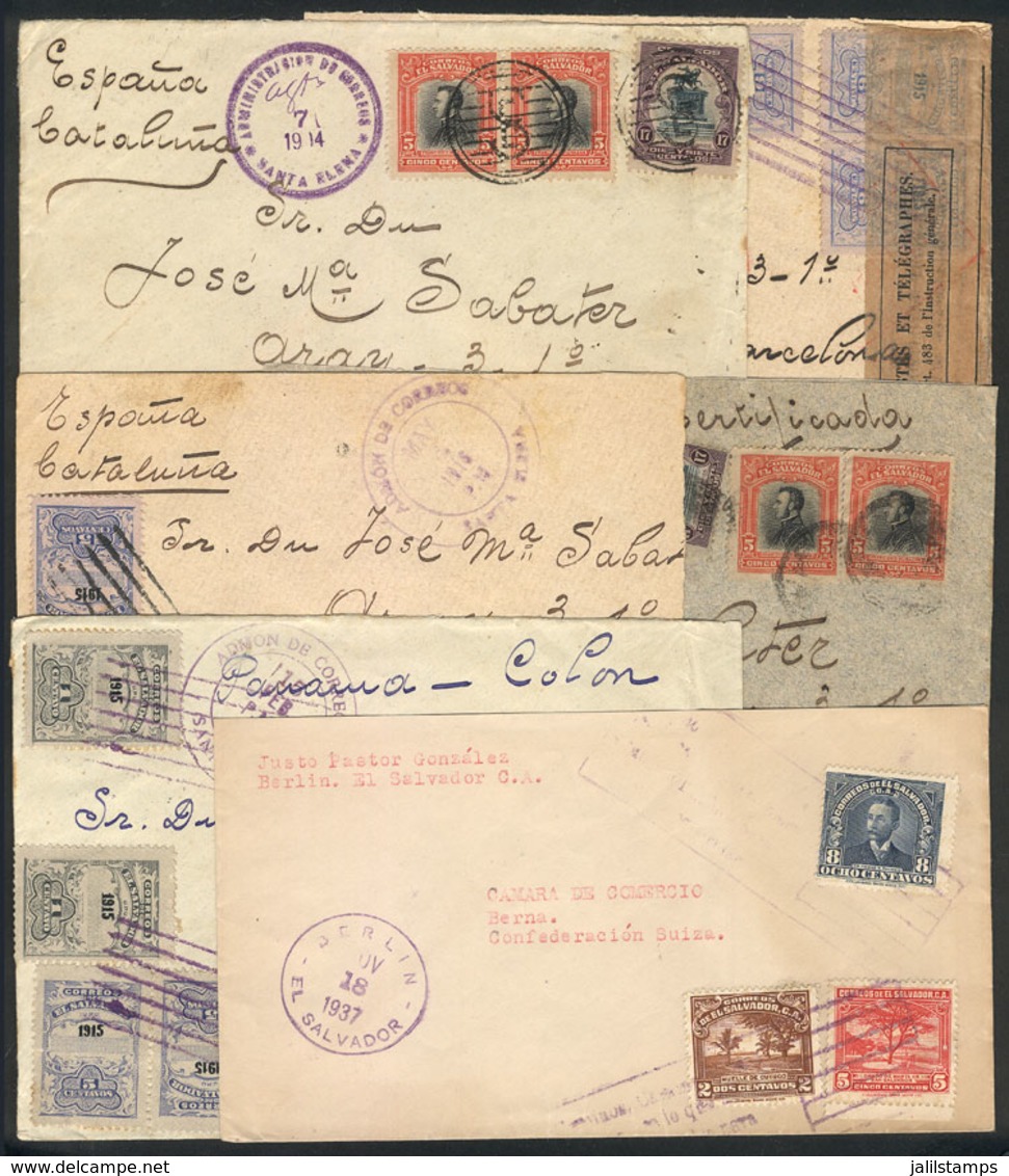 EL SALVADOR: 5 Covers Sent Between 1914 And 1917 To Barcelona From SAN MIGUEL And SANTA HELENA, With Very Nice Postages, - El Salvador